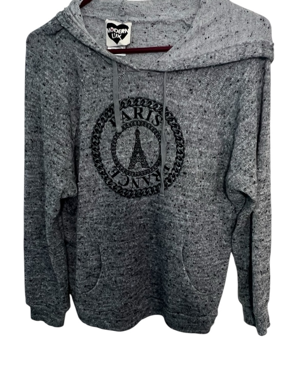 Modern Lux Women’s  Heather Gray Hooded Knit Sweater with Paris Patch Medium